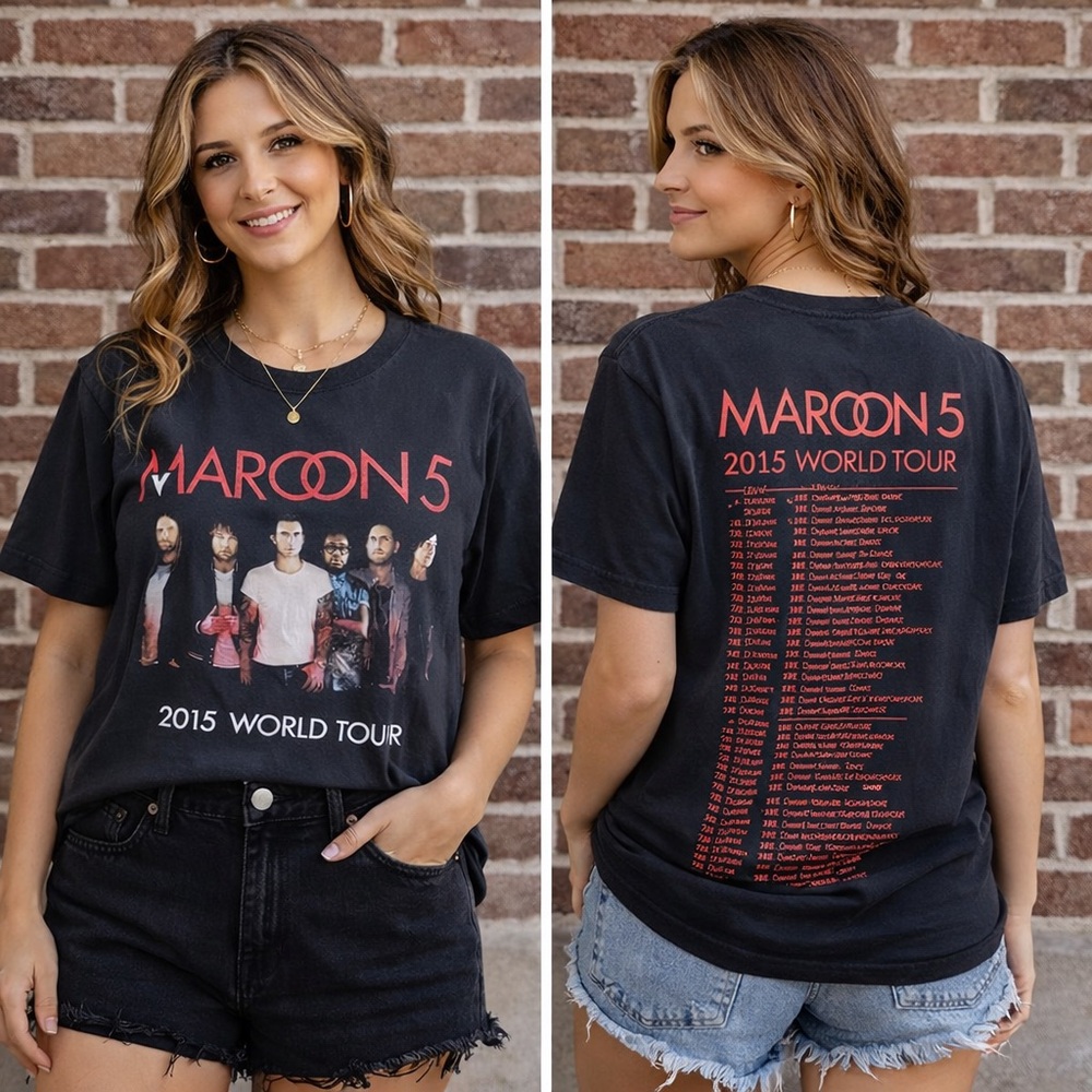 Maroon 5 World Tour 2015 Black Band Tee Sz Small Rock & Roll Guitar Musical